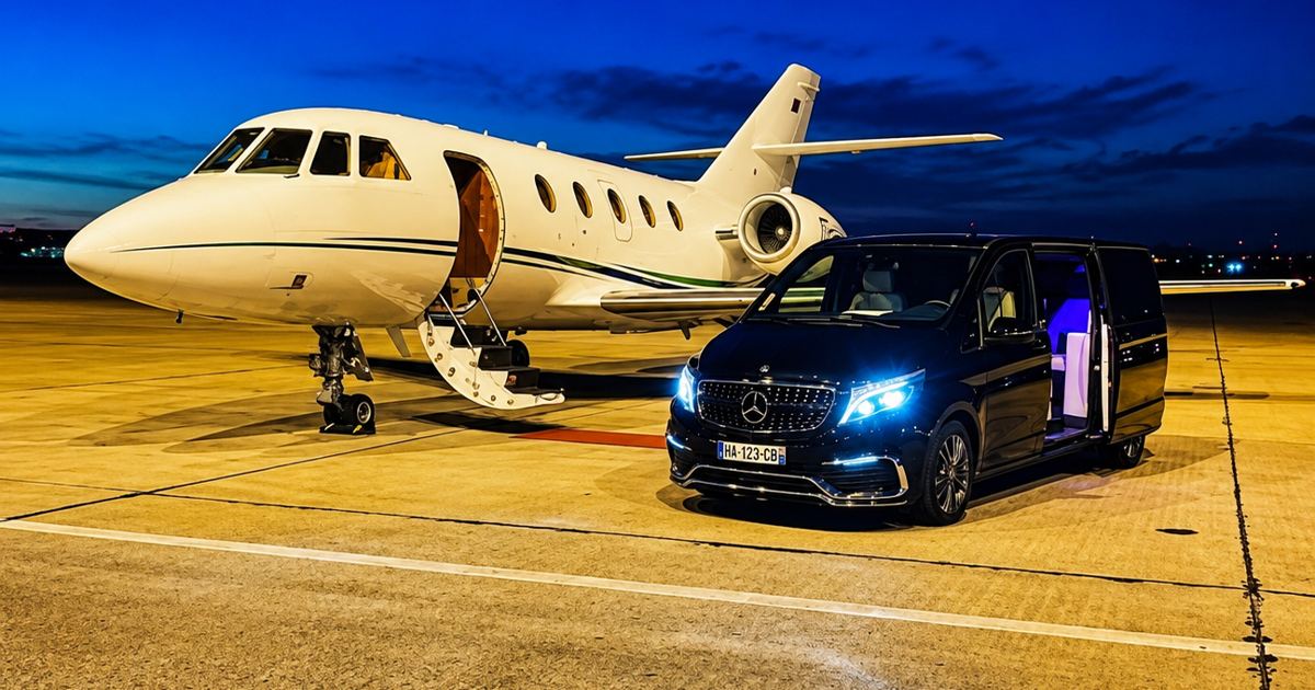 Black passenger van with open sliding door waiting on an airport apron at dusk